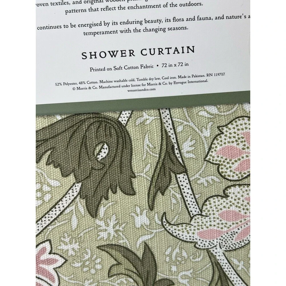 Morris & Co. Cray Floral Garden Cotton Blend Shower Curtain Green Pink 72x72 New